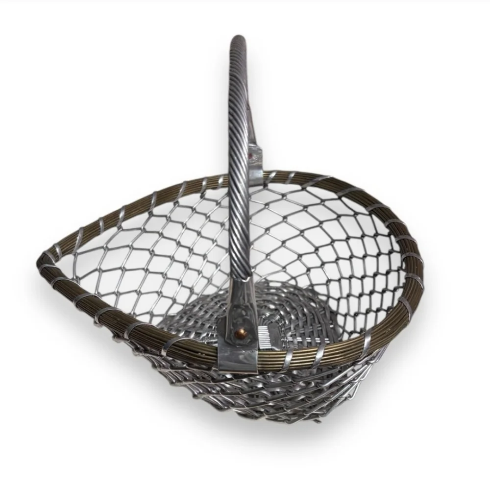 VINTAGE Aluminum & Brass Basket Hinged Twisted Metal Handle Mid Century Design